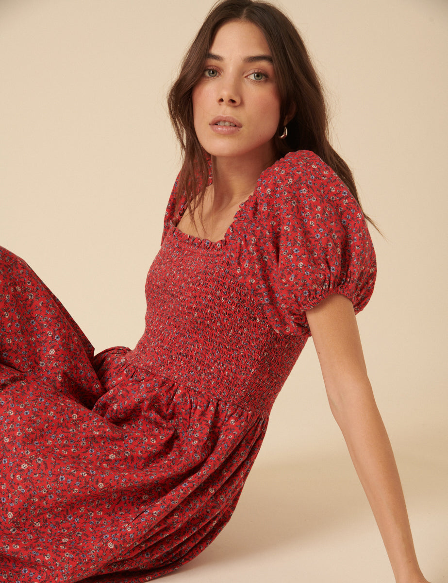 Red Ditsy Floral Tasmin Midi Dress