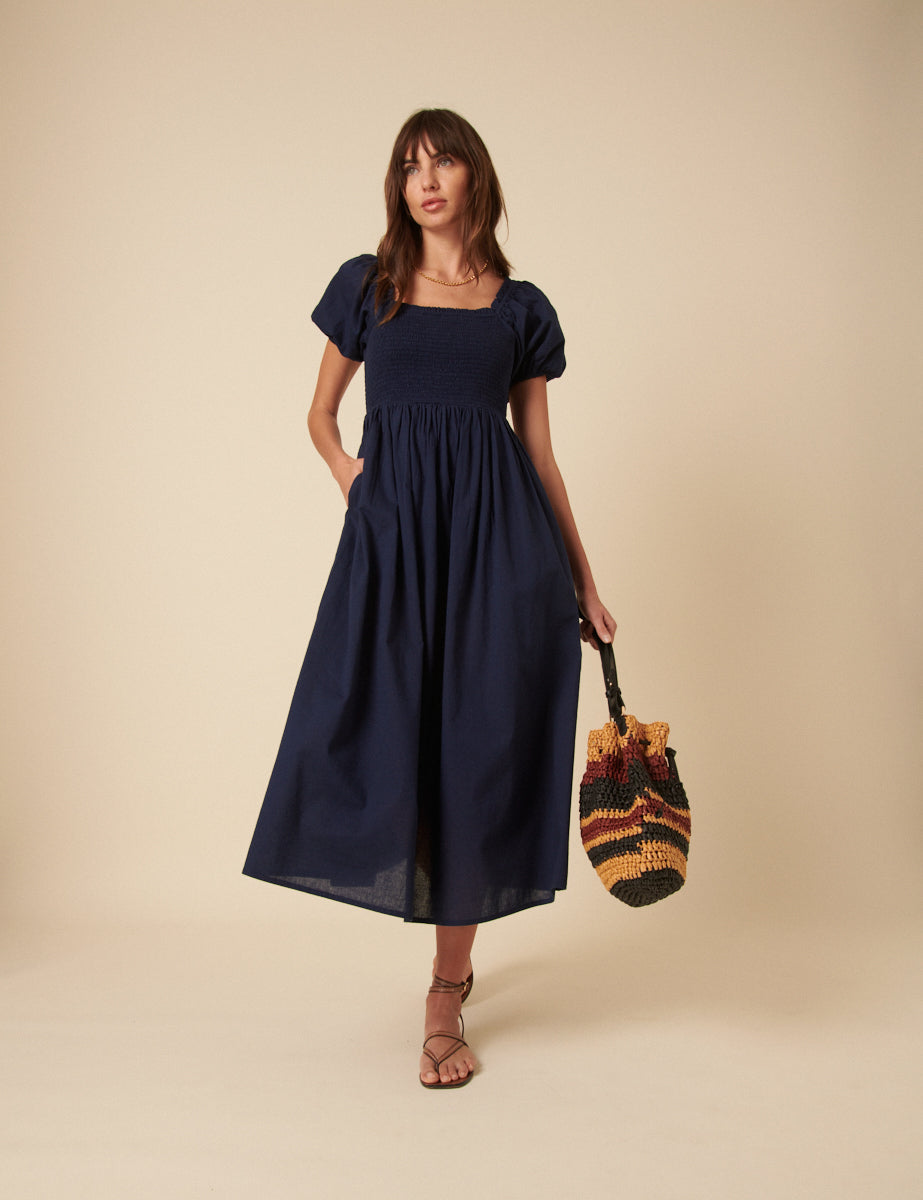 Navy Puff Sleeve Shirred Tasmin Midi Dress