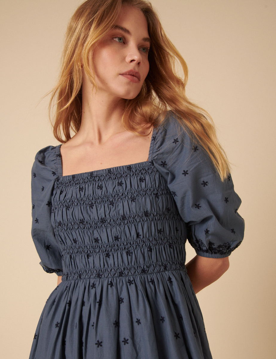 Blue Embroidered Tiered Milos Midi Dress