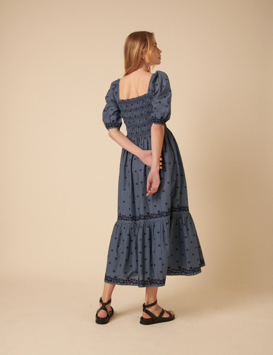 Blue Embroidered Tiered Milos Midi Dress