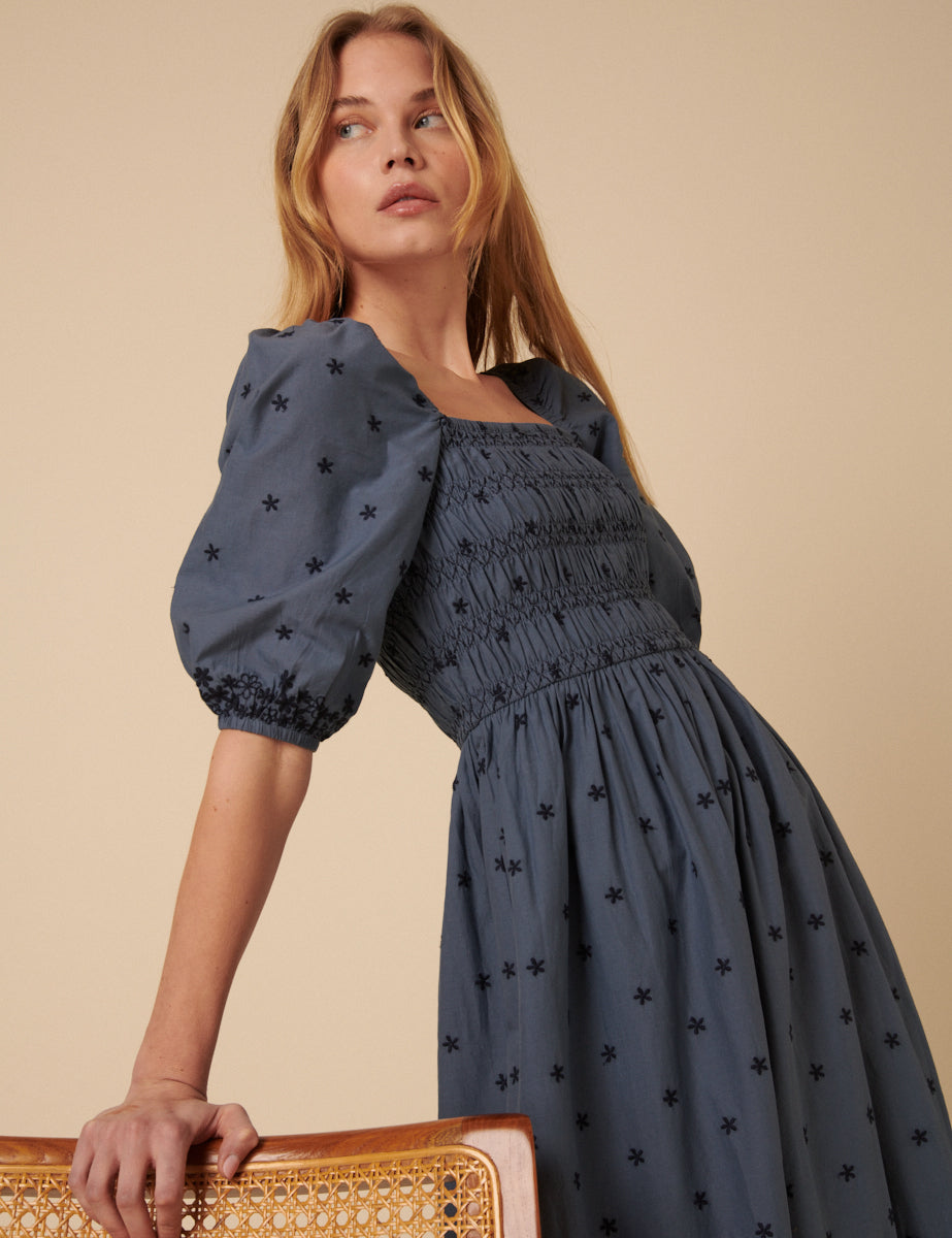 Blue Embroidered Tiered Milos Midi Dress
