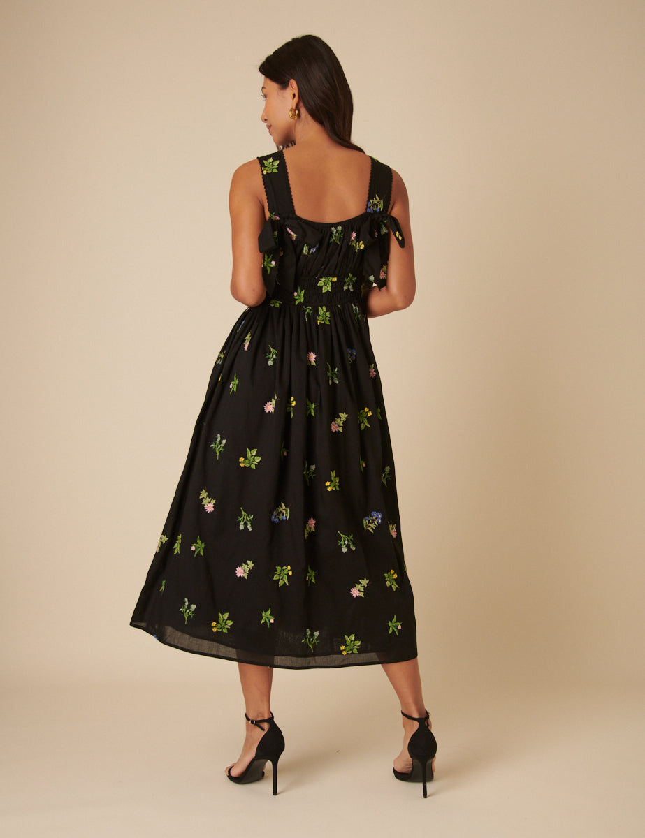 Black Floral Embroidered Dallas Midi Dress