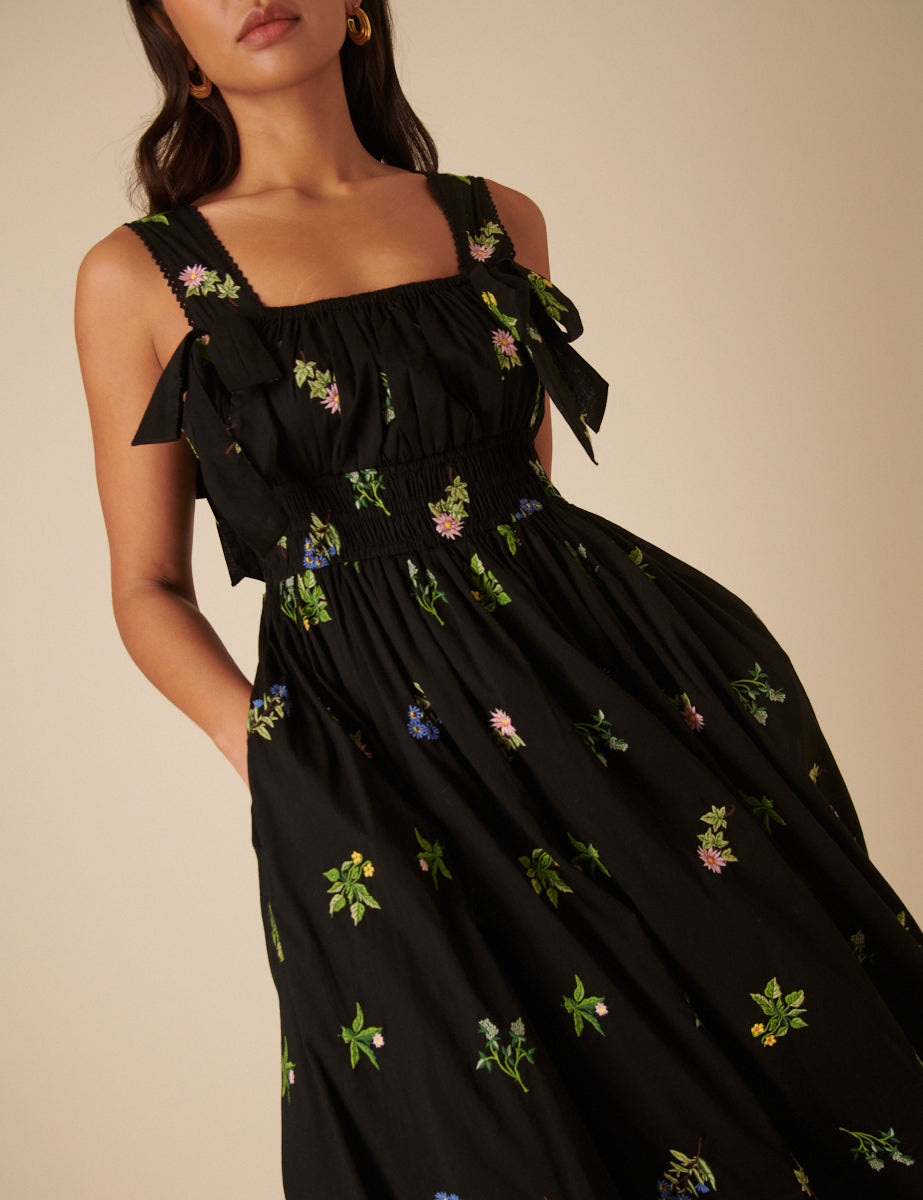 Black Floral Embroidered Dallas Midi Dress