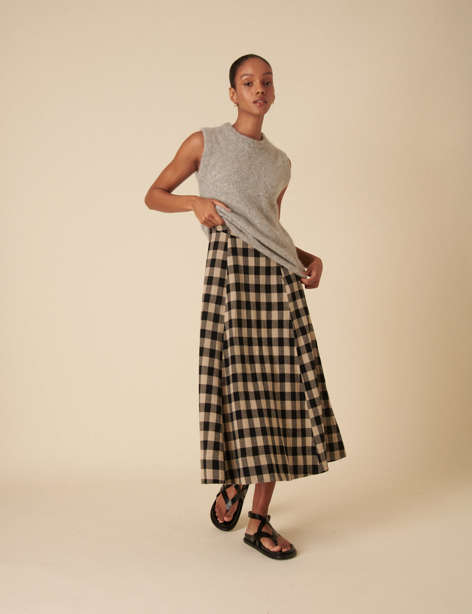 Black And Beige Check Cedar Midi Dress