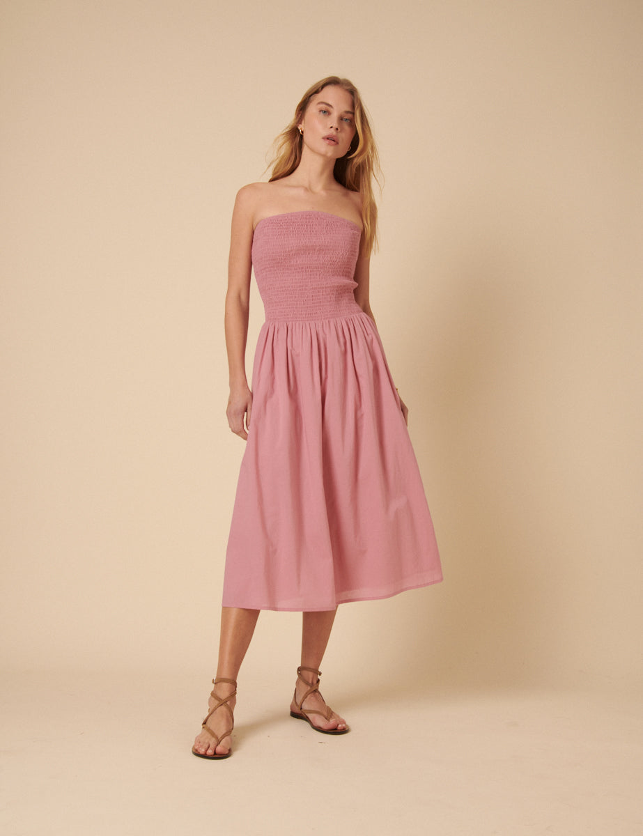 Pink Shirred Bandeau Sylvia Midi Dress