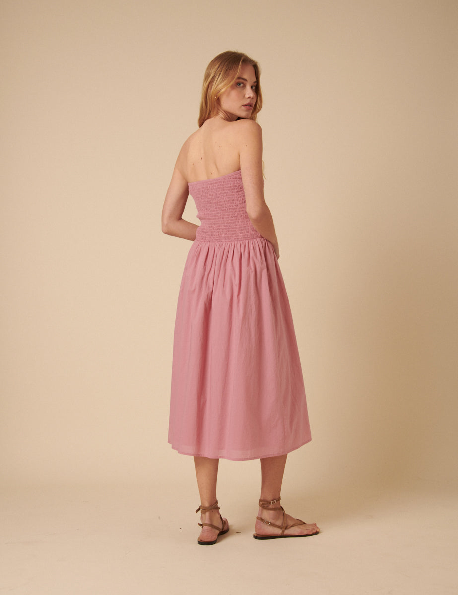 Pink Shirred Bandeau Sylvia Midi Dress