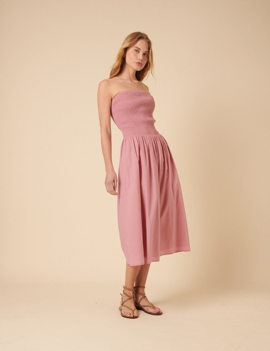 Pink Shirred Bandeau Sylvia Midi Dress