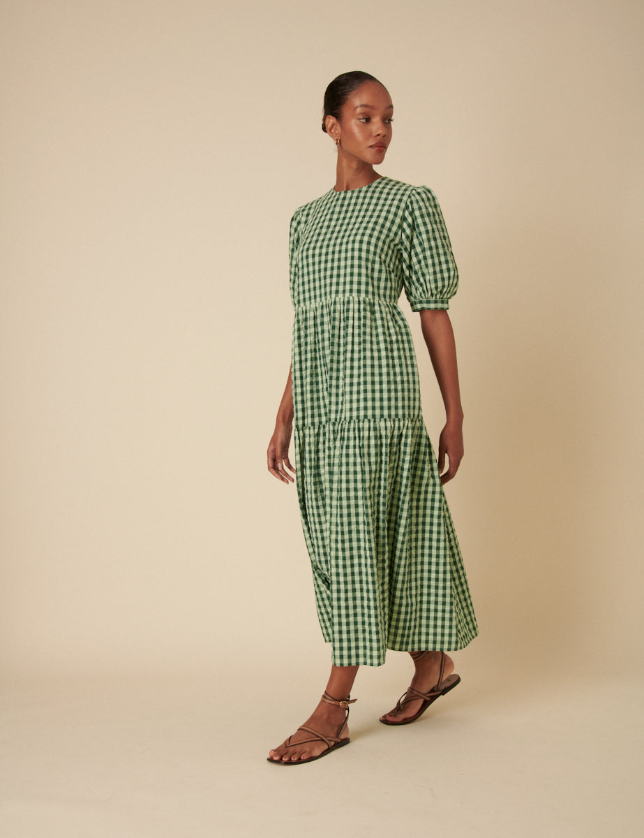 Green Gingham Tiered Rochelle Midi Dress