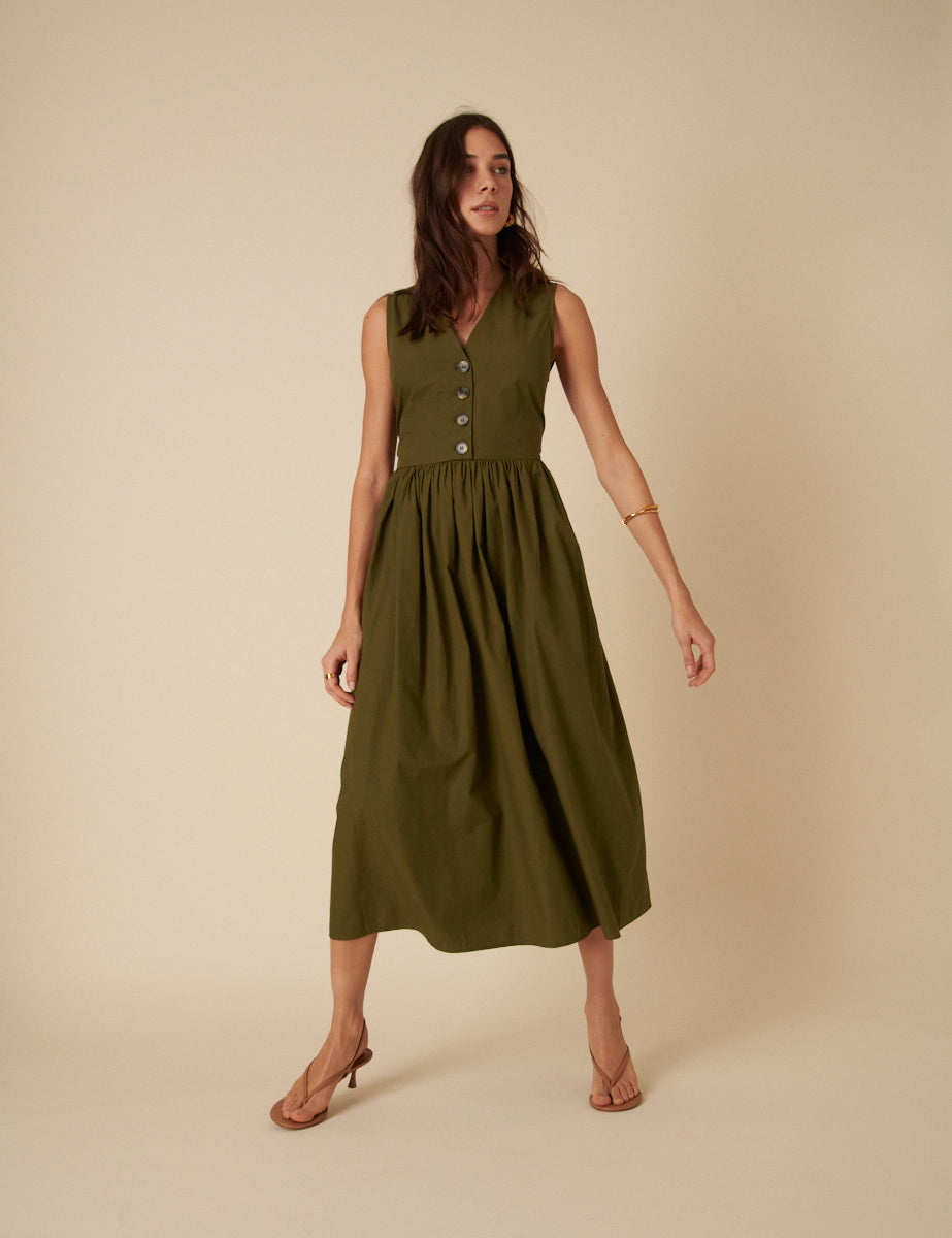 Khaki Button Down A-line Oak Midi Dress