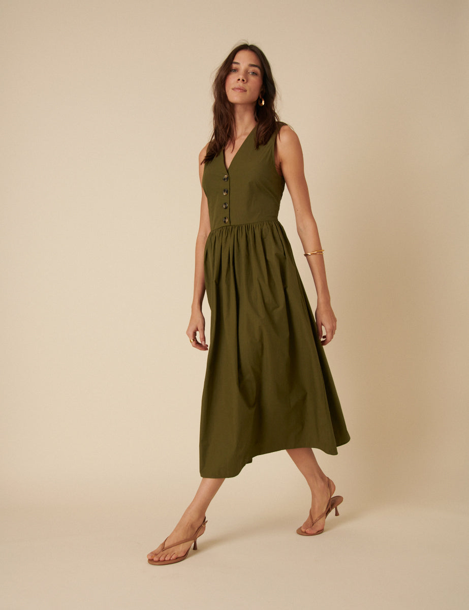 Khaki Button Down A-line Oak Midi Dress