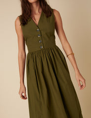 Khaki Button Down A-line Oak Midi Dress
