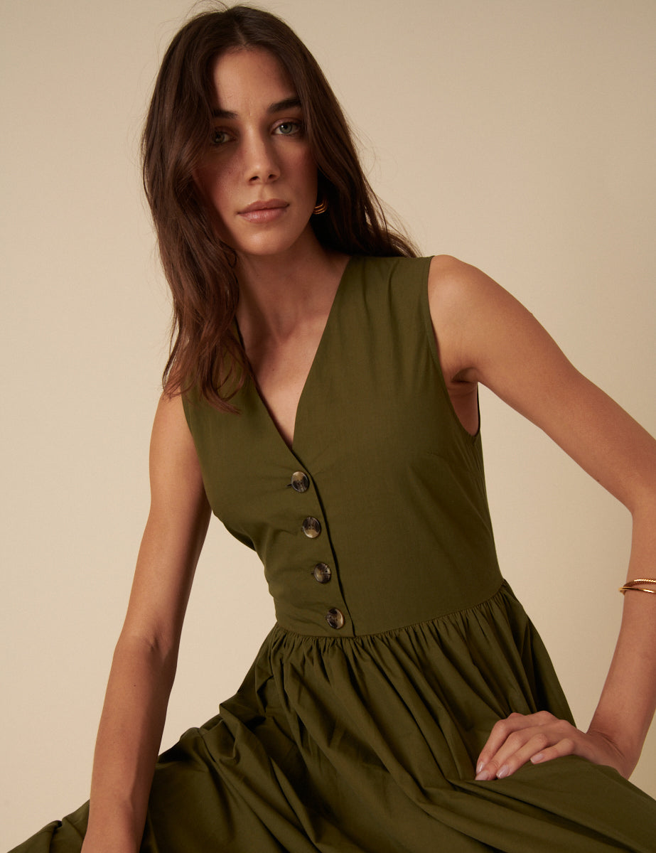 Khaki Button Down A-line Oak Midi Dress