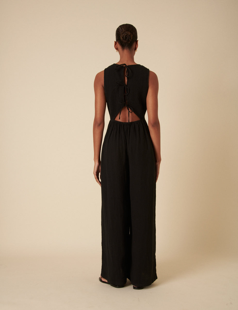 Black Shirred Jumpsuit