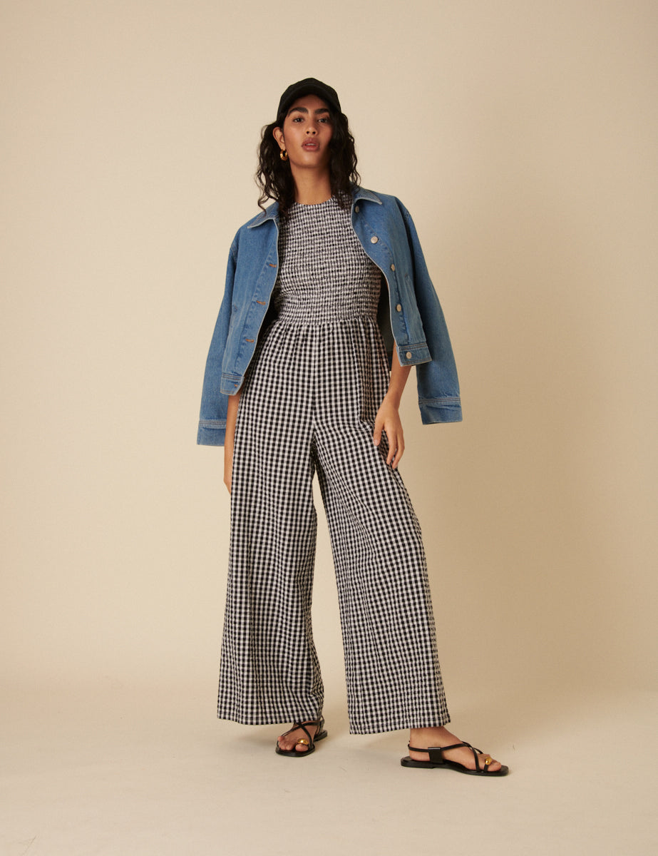 Black Gingham Shirred Jumpsuit