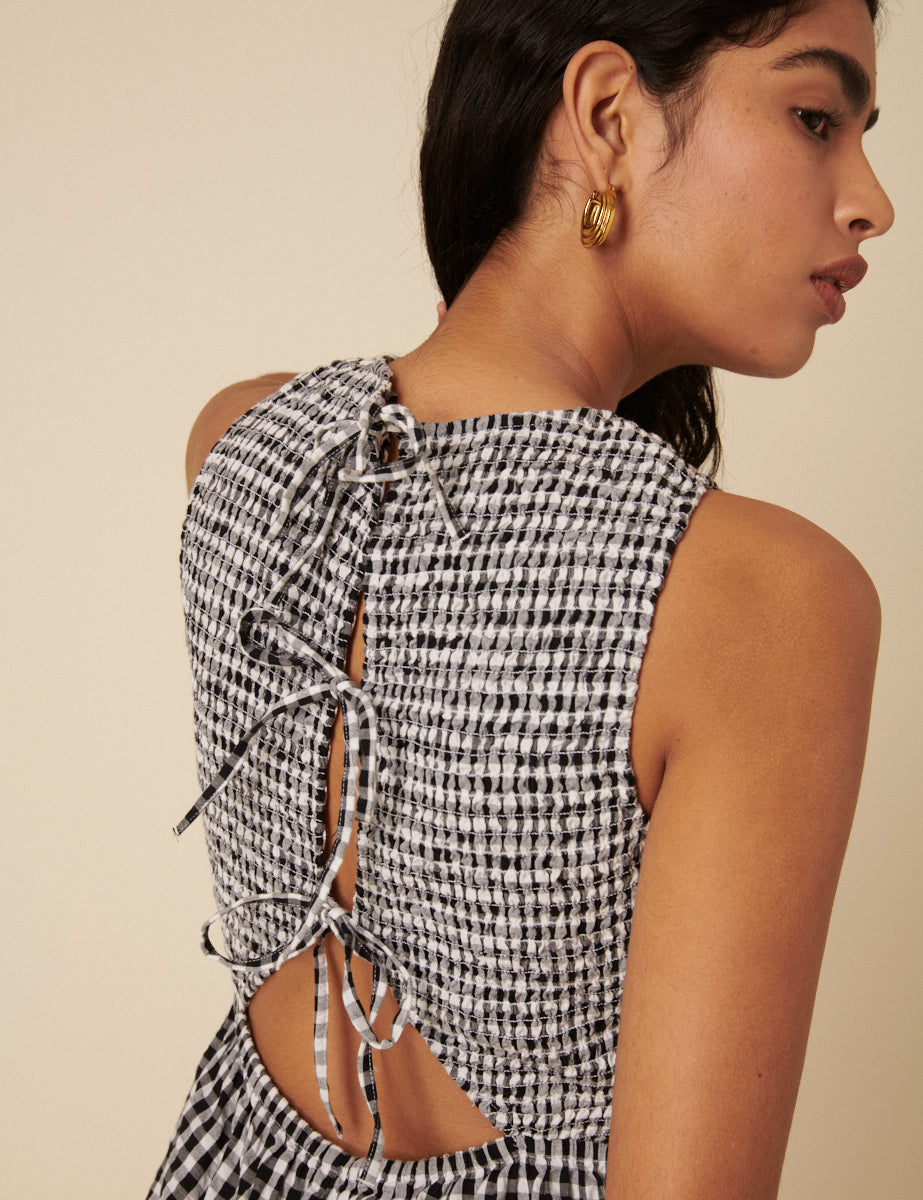 Black Gingham Shirred Jumpsuit