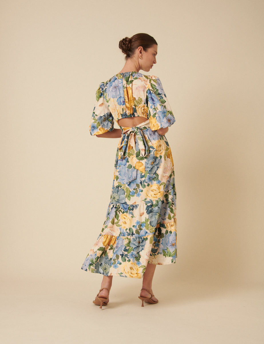 Floral Puff Sleeve Tiered Zelda Midi Dress