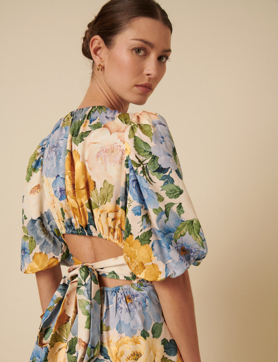 Floral Puff Sleeve Tiered Zelda Midi Dress