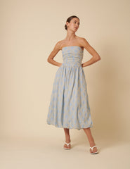 Blue Bubble Hem Bandeau Midi Dress