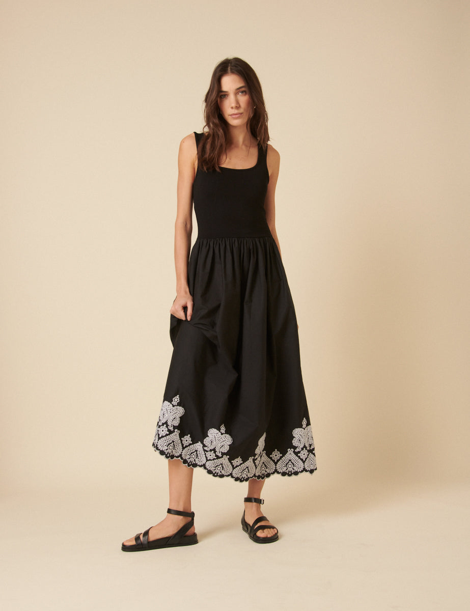Black Floral Embroidered Colorado Midi Dress