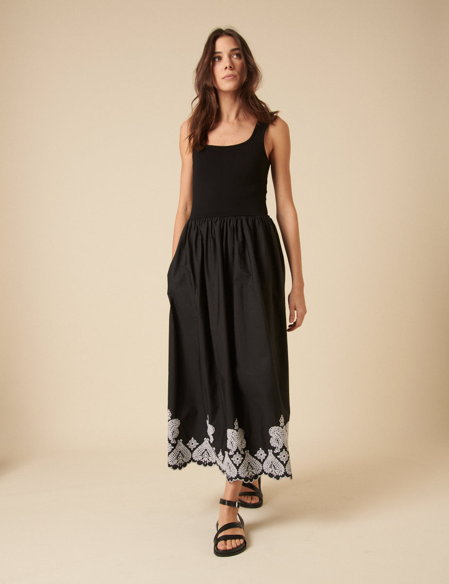 Black Floral Embroidered Colorado Midi Dress
