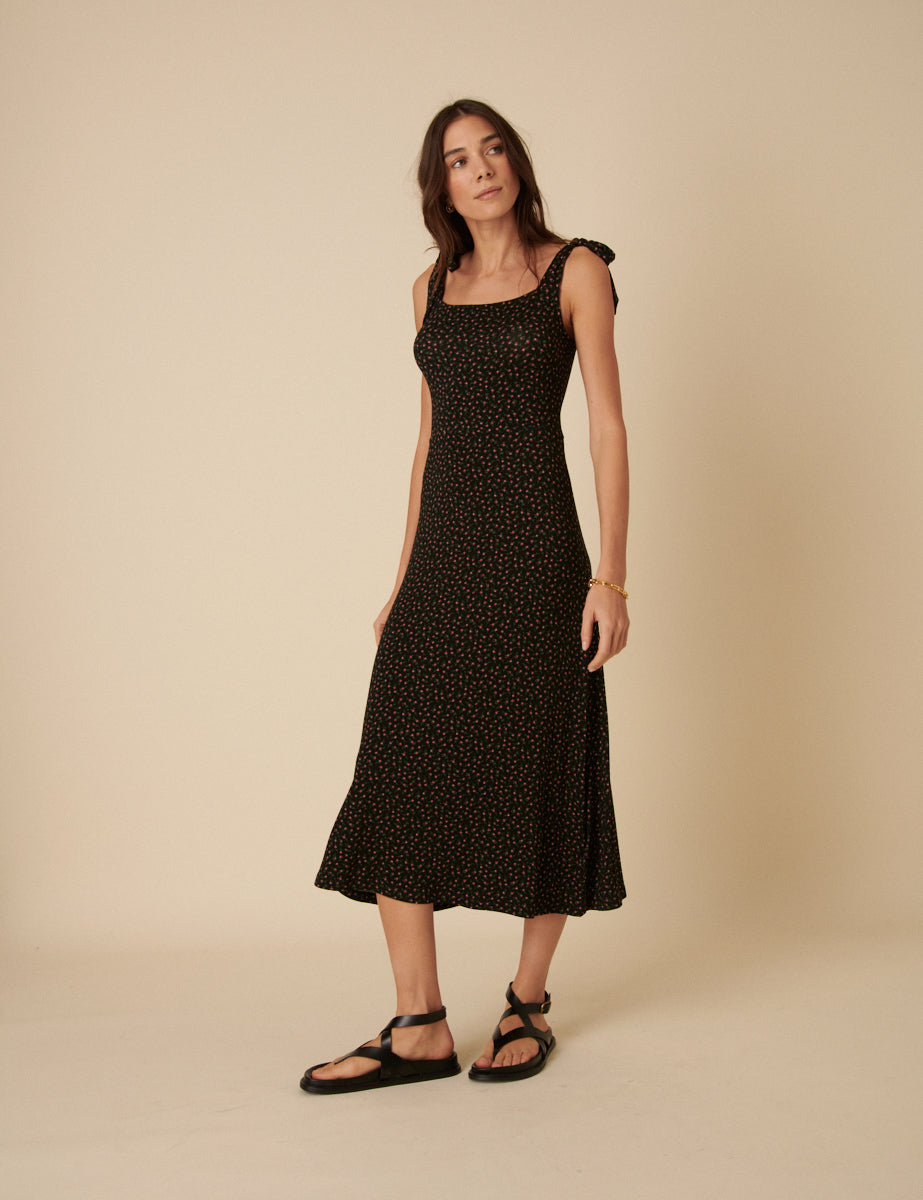 Black Ditsy Floral Adrian Midi Dress
