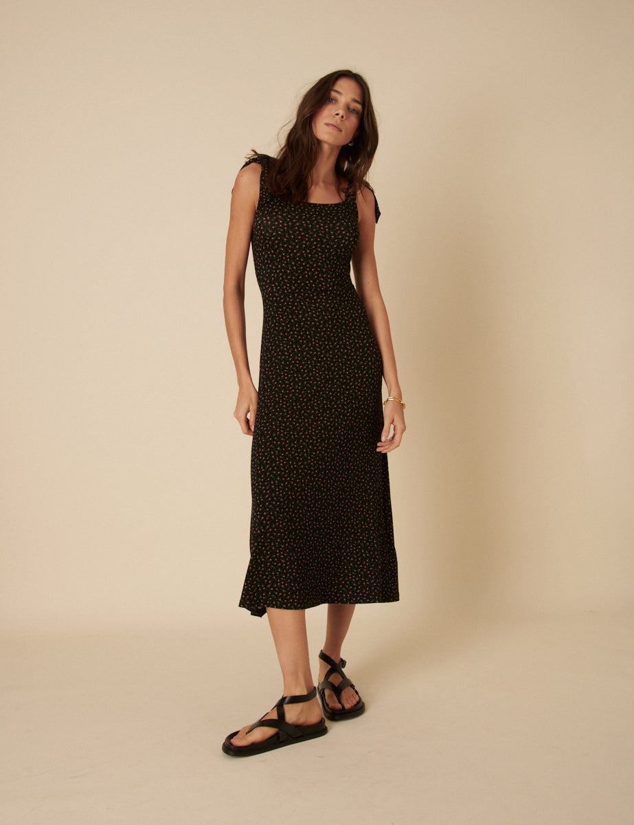 Black Ditsy Floral Adrian Midi Dress