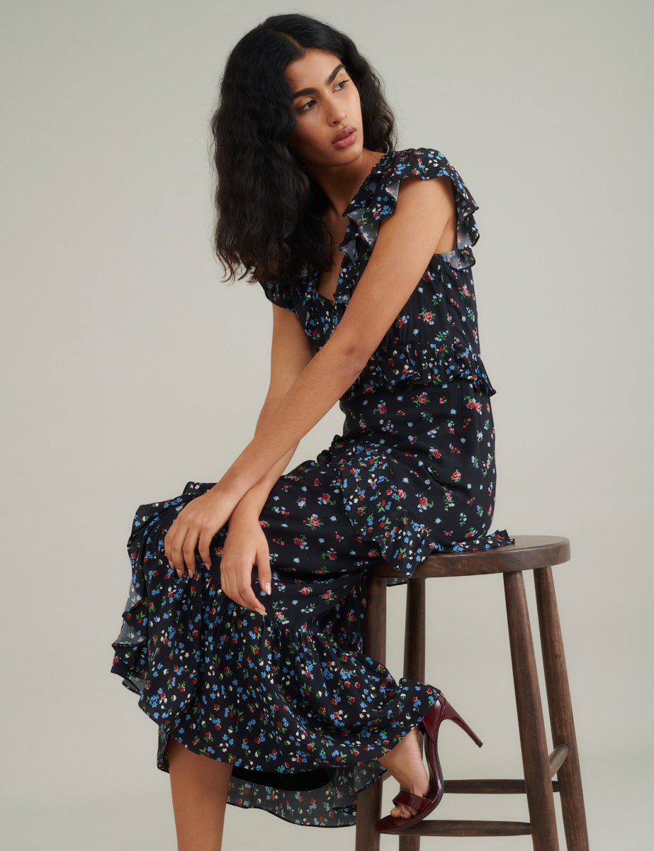 Black Floral Suvi Midi Dress