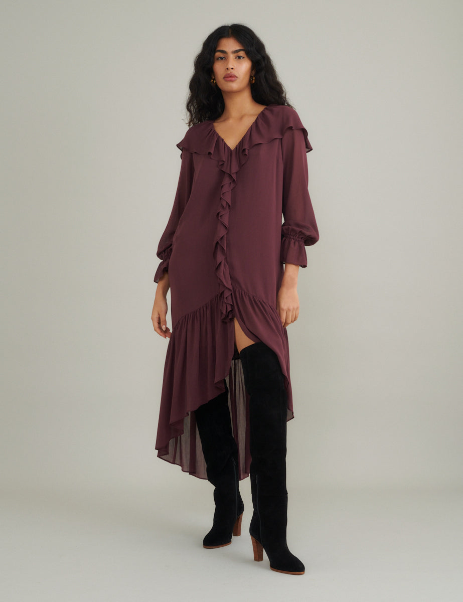 Burgundy Chiffon Ruffle Trim Koko Midi Smock Dress