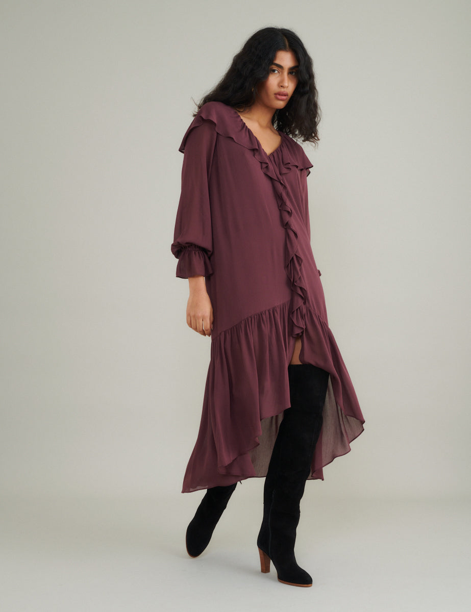 Burgundy Chiffon Ruffle Trim Koko Midi Smock Dress