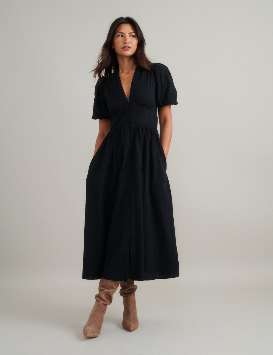 Black Short Sleeve Starlight Midi Dress