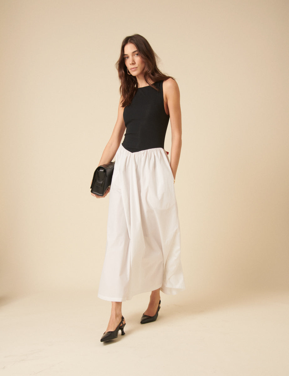Black And White Drop Waist Verity Midi Dress