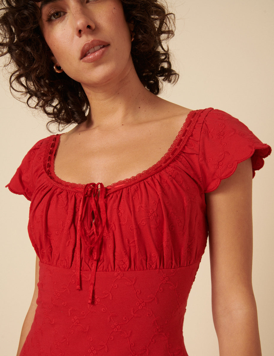 Red Floral Embroidered Frill Sleeve Melissa Midi Dress