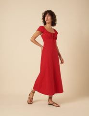 Red Floral Embroidered Frill Sleeve Melissa Midi Dress