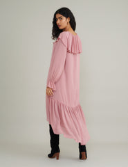 Pink Chiffon Ruffle Trim Koko Midi Smock Dress