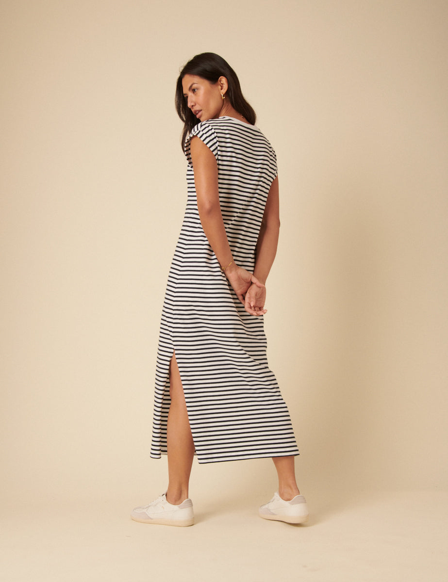 White Striped Jersey Midi T-Shirt Dress