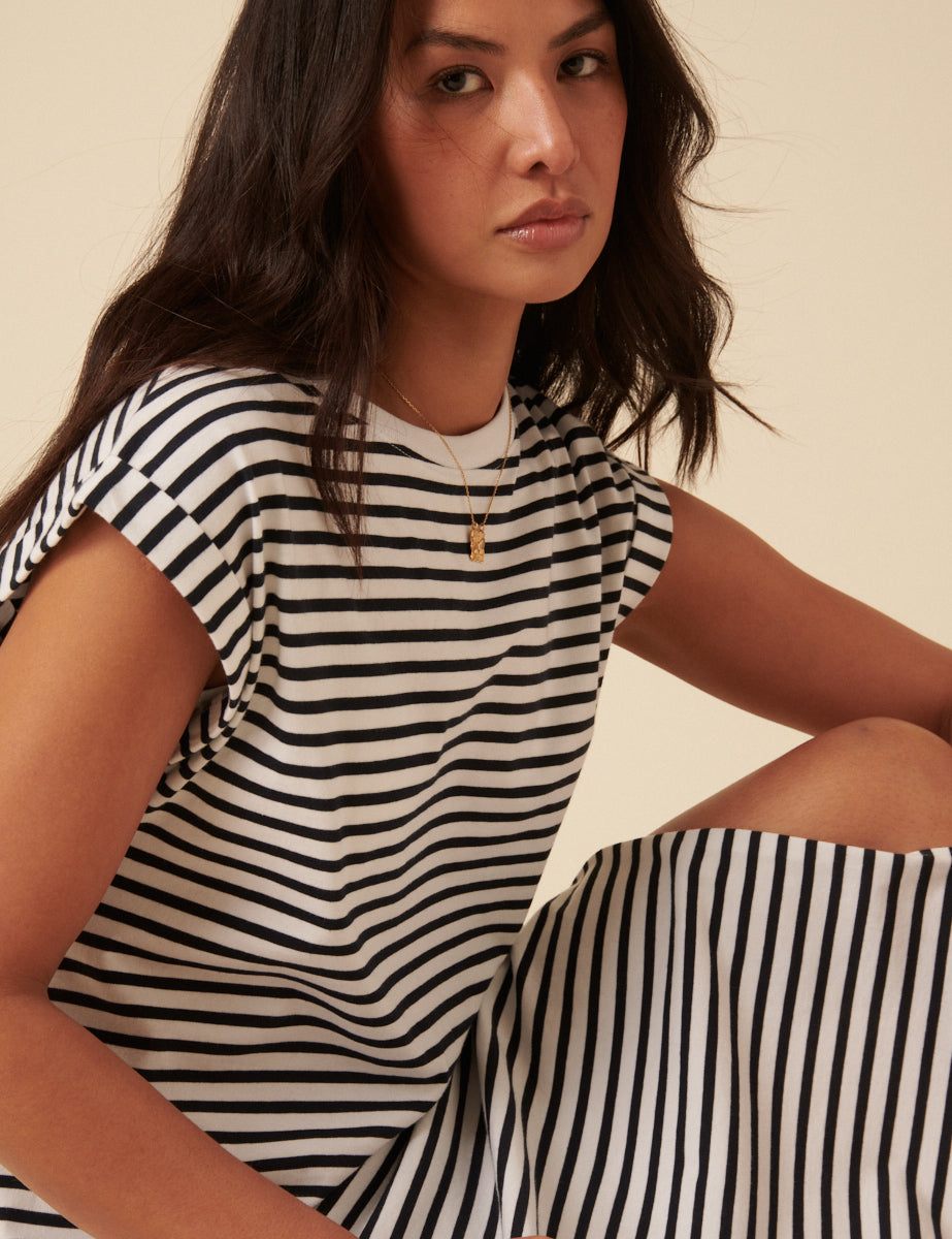 White Striped Jersey Midi T-Shirt Dress