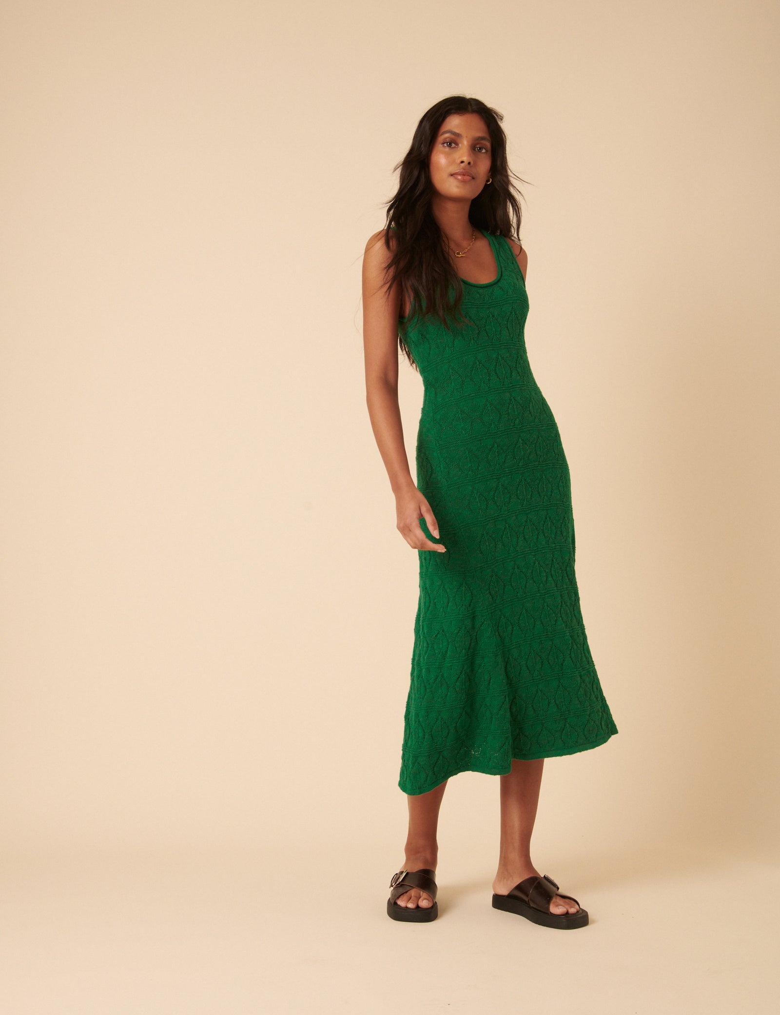 Green Pointelle Knitted Midi Dress