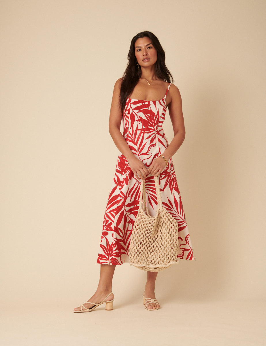 Red Floral Print Esk Midi Dress