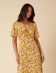 Yellow Floral Frill Sleeve Dalia Midi Dress