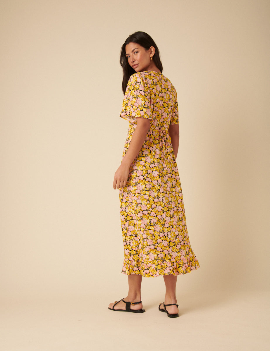 Yellow Floral Frill Sleeve Dalia Midi Dress