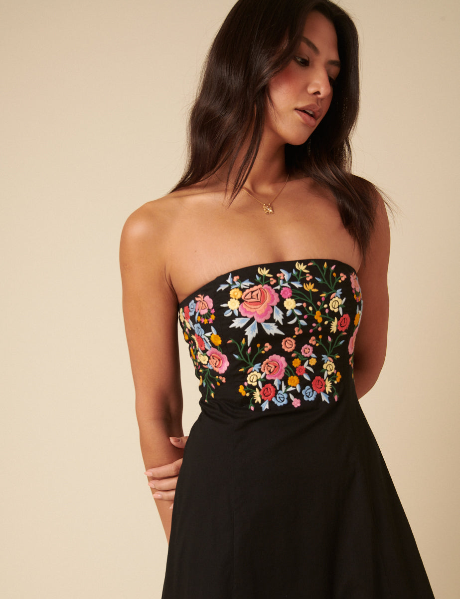 Black Floral Embroidered Bandeau Alpha Midi Dress