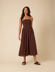 Brown Ruched Drop Waist Imogen Midi Dress