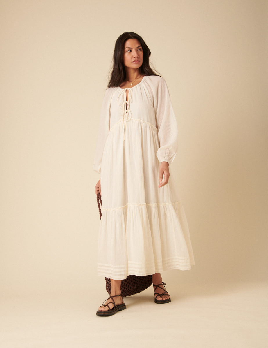 White Tie Front Balloon Sleeve Tiered Adley Midi Dress