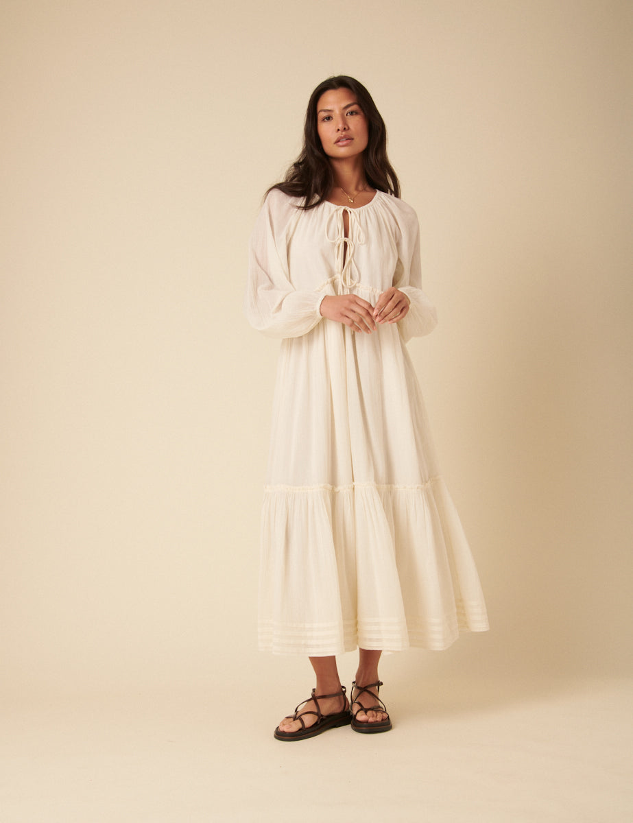 White Tie Front Balloon Sleeve Tiered Adley Midi Dress