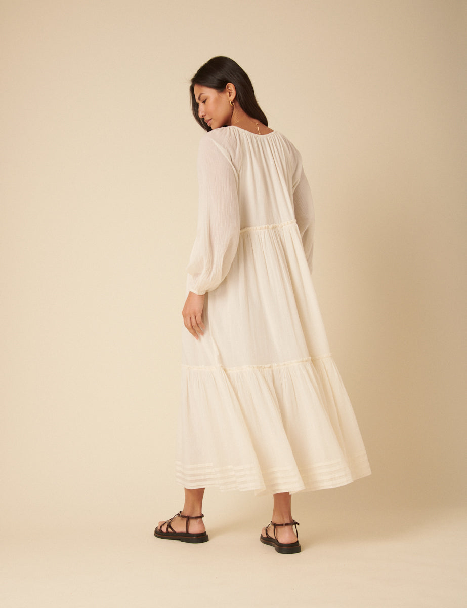 White Tie Front Balloon Sleeve Tiered Adley Midi Dress