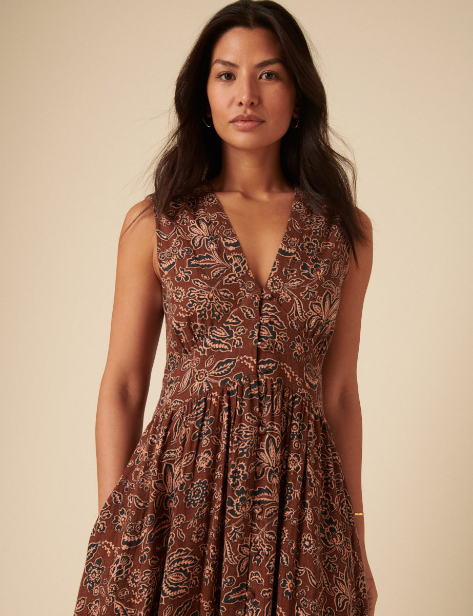 Brown Paisley Linen-blend Sleeveless Starlight Midi Dress