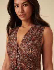 Brown Paisley Linen-blend Sleeveless Starlight Midi Dress