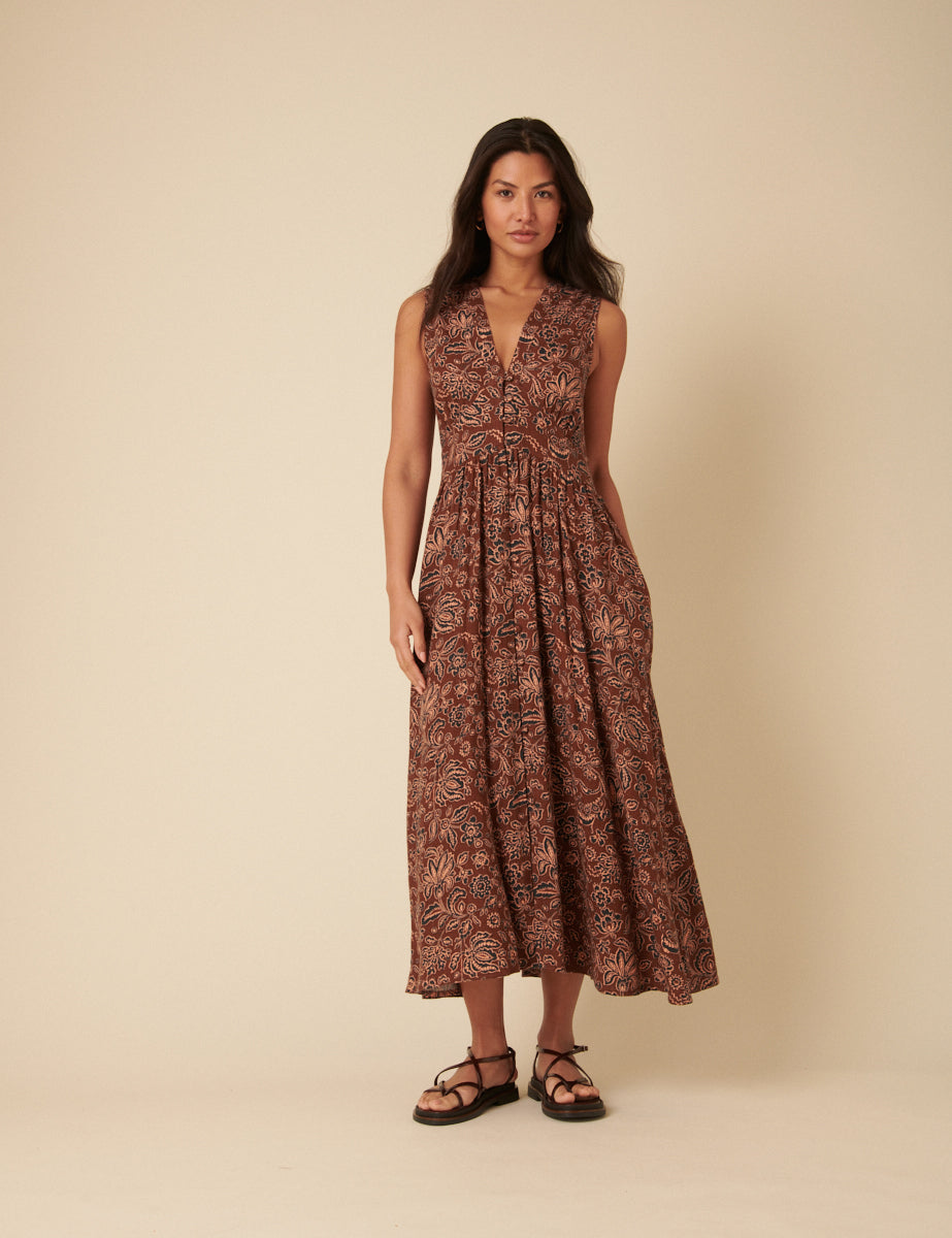 Brown Paisley Linen-blend Sleeveless Starlight Midi Dress