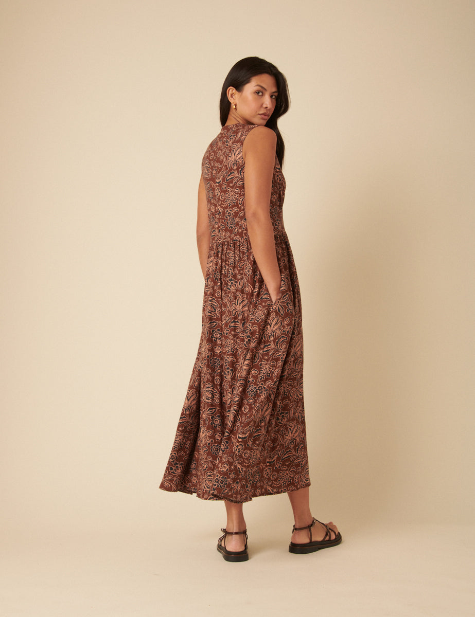 Brown Paisley Linen-blend Sleeveless Starlight Midi Dress