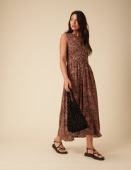 Brown Paisley Linen-blend Sleeveless Starlight Midi Dress